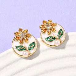 Настоящее золото 18K Овальные серьги-гвоздики с цветком из латуни с микропаве из кубических цирконий, с имитацией жемчуга из АБС и эмалью, долговечный, без кадмия и без свинца, реальный 18 k позолоченный, 14x12 мм