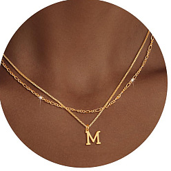 Letter M Сплав начальный кулон двухслойные ожерелья для женщин мужчин, золотые, Буква М, 17.72 дюйм (45 см)