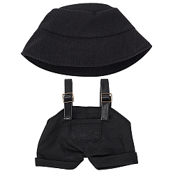 Черный 1Хлопковые брюки на подтяжках из искусственной кожи и 1Тканевая панамка для кукол (аксессуары), чёрные, 90x90x5 мм