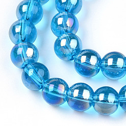 Deep Sky Blue Electroplate Transparent Glass Beads Strands, AB Color Plated, Round, Deep Sky Blue, 8~8.5mm, Hole: 1.5mm, about 51~53pcs/strand, 14.96 inch~15.55 inch(38~39.7cm)