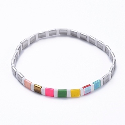 Silver Rectangle Glass Seed Beads Stretch Bracelets, Mixed Style, Silver, Inner Diameter: 2-1/8 inch(5.5cm)