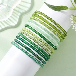 Зеленый 12шт. круглые стеклянные бисерные браслеты на резинке, составные браслеты для женщин, зелёные, внутренний диаметр: 2.05~2.20 дюйм (5.2~5.6 см)