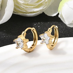 Настоящее золото 18K Звезда 304 серьги-кольца из нержавеющей стали с прозрачными кубическими циркониями, ионное покрытие (ip), реальный 18 k позолоченный, 13x8x15.5 мм
