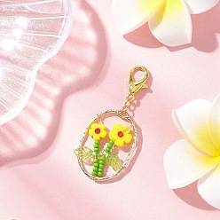 Желтый Овальный с цветочным стеклянным бисером и подвесками из лэмпворка и сплава, с карабин-лобстерами , золотые, желтые, 49.5 мм