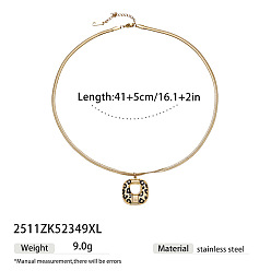 Square Leopard Print 304 Stainless Steel Enamel Geometric Pendant Necklaces for Women, Golden, Black, Square, 16.14 inch(41cm)