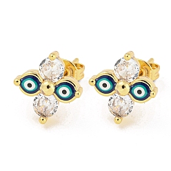 Черный Серьги-гвоздики из настоящей позолоченной латуни «Цветок со сглазом», с эмалью и фианитами, чёрные, 18 мм