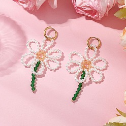 Золотой Цветочные 304 нержавеющей стали серьги обруча, с латунными бусинами и искусственным жемчугом из ракушек и искусственными австрийскими хрустальными бусинами, золотые, 71x39 мм