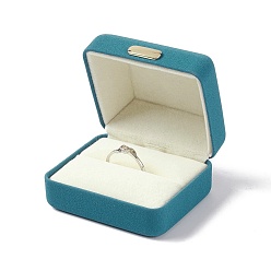 Dark Cyan PU Leather Ring Gift Boxes, with Iron Crown, Cuboid, Dark Cyan, 5.45x6.25x3.7cm