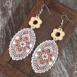 Old Rose Bohemian Printed Wood & Zinc Alloy Dangle Earrings, Oval & Flower, Old Rose, 97x35mm