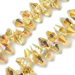 Золотистый Прозрачные стеклянные бусины гальваническим пряди, с половиным покрытием цвета радуги, граненые, двухконусные, золотые, 8.5~9x5.5~6 мм, отверстие : 0.9 мм, около 92~98 шт / нитка, 13.78'' (35 см)