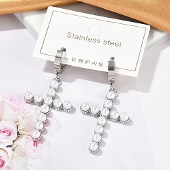 Нержавеющая Сталь Цвет Серьги из 304 нержавеющей стали, с искусственным жемчугом из платины для женщин, крестик, цвет нержавеющей стали, 51x23.5 мм