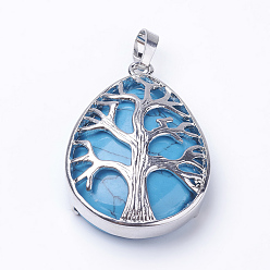 Синтетическая Бирюза Синтетические бирюзовые подвески, с латунной фурнитурой , слеза, платина, 39x26x7~9 мм, отверстие : 5x7 мм