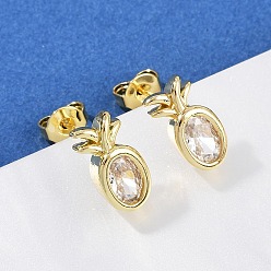 Настоящее золото 18K Серьги-гвоздики в форме ананаса с микропаве из латуни и прозрачными кубическими цирконами, долговечный, стойки покрытие, без кадмия и без свинца, реальный 18 k позолоченный, 10.5x5.5 мм