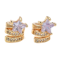 Lilac Brass Micro Pave Cubic Zirconia European Beads, Large Hole Beads, Twisted Column & Star, Real 18K Gold Plated, Lilac, 13x9.5x12mm, Hole: 6mm