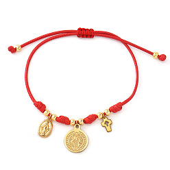 Red Brass and Stainless Steel Cross Virgin Coin Charm Braided Nylon Cord Bracelets, Real 14K Gold Plated, Red, 11.02 inch(28cm)