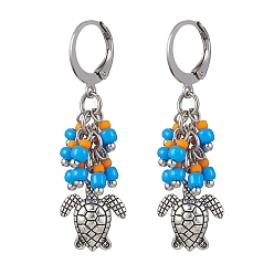 Turtle Boucles d'oreilles dormeuses en alliage de style tibétain, boucles d’oreilles en grappe de graines de verre, tortue, 42.5mm