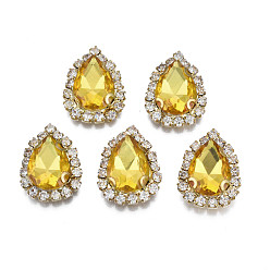 Золотистый Шить на горный хрусталь, прозрачное стекло горный хрусталь, с настройками латуни, граненые, слеза, золотые, 19x14.5x5.5 мм, отверстие : 1 мм