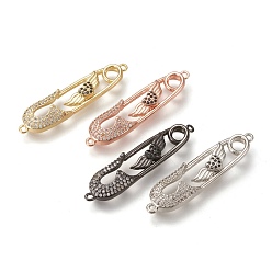 Mixed Color Brass Micro Pave Cubic Zirconia Links Connectors, Safety Pin Shape with Flying Heart, Black & Clear, Mixed Color, 39.5x10x3.5mm, Hole: 1.4mm
