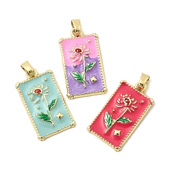 (52) Непрозрачная лаванда Латунь эмаль подвески, прямоугольник и цветок, стойки покрытие, долговечный, без кадмия и без свинца, золотые, разноцветные, 28.5x15.5x3.5 мм, отверстие : 3.5 мм