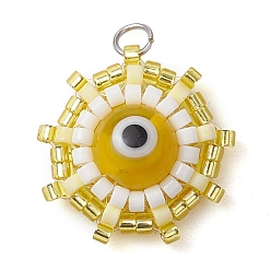 Золотистый Подвески из стекла и бисера, плетеные, бусины с бисером, злые глаза, с целью перехода в кольце, золотые, 19x19x8 мм, отверстие : 3 мм