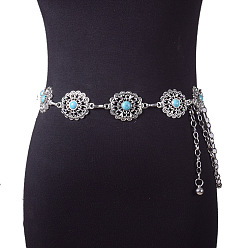 Платина Сплав с синтетической бирюзой, овальные цветочные цепочки на талию для женщин, платина, 1080 мм
