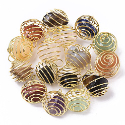 Mixed Stone Iron Wrap-around Spiral Bead Cage Pendants, with Natural & Synthetic Mixed Stone Beads inside, Round, Golden, 21x24~26mm, Hole: 5mm