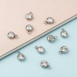 Crystal 201 Stainless Steel Rhinestone Charms, April Birthstone Charms, Flat Round, Stainless Steel Color, Crystal, 8.5x6x3mm, Hole: 1.5mm