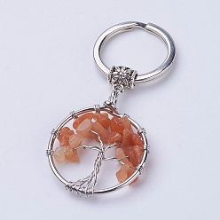 Красный Авантюрин Брелок из натурального красного авантюрина, с железными брелками и латунью, плоские круглые с дерева жизни, 65~67 мм, 36x29x5~8 мм