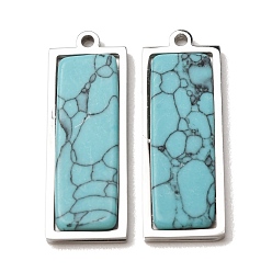 Stainless Steel Color Dyed Synthetic Turquoise Pendants, 303 Stainless Steel Rectangle Bezeled Charms, Stainless Steel Color, 36x13x4.5mm, Hole: 2mm