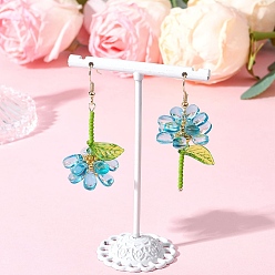 Licht Himmel blau 304 Stahl Blume baumeln Ohrringe Edelstahl, mit facettierter Bikonus-Glasperle & Einbrennlack, perlmuttfarbener Glasperle, runder Perle & Angelschnur, Nylondraht und transparentem Acryl, golden, Licht Himmel blau, 52x22 mm