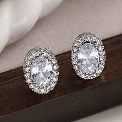 Oval Серьги-гвоздики из латунного микро-паве, платина, овальные, 11x8.5 мм