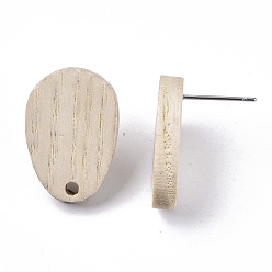 PapayaWhip Cedarwood Stud Earring Findings, with 304 Stainless Steel Pin, Teardop, PapayaWhip, 20x14mm, Hole: 2mm, Pin: 0.7mm