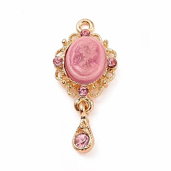 Flamingo Alloy Cameo Oval Resin Pendants, Woman Lady Head Charms, Golden, with Glass, Flamingo, 21x13x4mm, Hole: 1mm