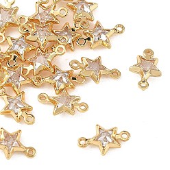 Clear SHEGRACE Brass Pave Cubic Zirconia Star Connector Charms, Cadmium Free & Nickel Free & Lead Free, Long-Lasting Plated, Real 18K Gold Plated, Clear, 11x7x3mm, Hole: 0.9mm & 1mm