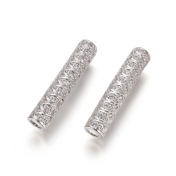 Platinum Brass Micro Pave Clear Cubic Zirconia Beads, Long-Lasting Plated, Tube Beads, Platinum, 30x6mm, Hole: 3.5mm