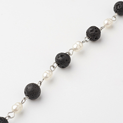 Лавовый камень Ручная цепь для ожерелья браслетов решений, с лавовой скалой, класс натуральной пресноводной жемчужины и 304 штифт из нержавеющей стали, несварные, 39.37 дюйм (1 м)