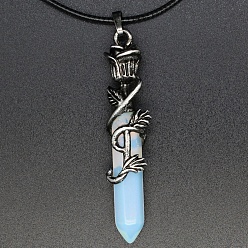 Опал Ожерелья с подвесками в виде металлической розы, закрученной в форме остроконечной пули из опалита, PU кожаный шнур ожерелья, кулон: 5.9x1 см