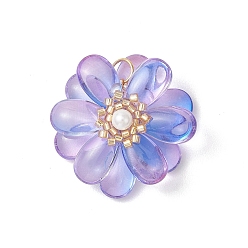 Средний Фиолетовый Прозрачные стеклянные подвески, цветочный шарм, с бусинами из ракушечного жемчуга и 304 петлями из нержавеющей стали, средне фиолетовый, 29.5x30x12.5 мм, отверстие : 5.5 мм