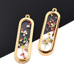Разноцветный 304 подвески из нержавеющей стали с эпоксидной смолой, овал с сухоцветом, ионное покрытие (ip), реальный 18 k позолоченный, красочный, 32x9x3.5~6 мм, отверстие : 1.6 мм