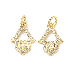 Настоящее золото 18K Латунные микро проложить кубического циркония подвески, hamsa hand charms, стойки покрытие, долговечный, без свинца и без кадмия, реальный 18 k позолоченный, 15.5x11x2 мм, Перейти кольцо: 5x1 мм, внутренний диаметр: 3 мм