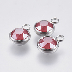 Красный K 9 стеклянные подвески, с 304 фурнитурой из нержавеющей стали, граненые, плоско-круглые, цвет нержавеющей стали, красные, 13.5x10x6 мм, отверстие : 2.5 мм