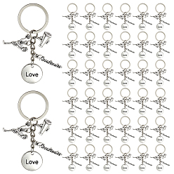 Antique Silver 30Pcs Cheerleading Series Alloy Pendant Keychains, Trumpet with Flat Round & Human, with Iron Split Key Rings, Antique Silver, 76mm
