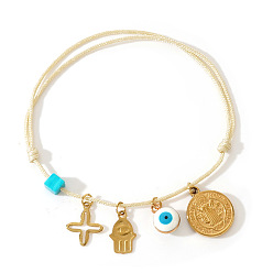 (404) Непрозрачное AB Кислое яблоко 304 Браслеты с подвесками из нержавеющей стали и смолы, плетеные браслеты из нейлонового шнура для женщин, Хамса в виде руки, сглаз, крест и плоский круглый символ со святым Бенедиктом., цветочный белый, 11.02 дюйм (28 см)