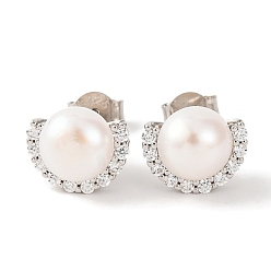 Real Platinum Plated 925 Sterling Silver Half Round Stud Earrings, with Natural Pearl & Clear Cubic Zirconia, Real Platinum Plated, 9.5x11mm