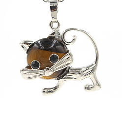 Tiger Eye Natural Tiger Eye Pendants, with Platinum Plated Brass Findings, Cat Shape Charms, 35x29x10mm