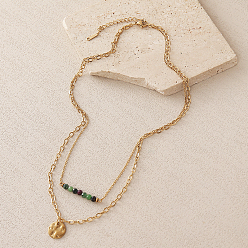 Ruby in Zoisite 304 Stainless Steel Textured Coin Pendant Double Layer Necklaces, Faceted Round Natural Ruby in Zoisite Necklaces for Women, Real 18K Gold Plated, 15.75 inch(40cm)