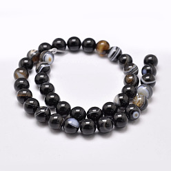 Black Natural Striped Agate/Banded Agate Bead Strands, Dyed & Heated, Round, Grade A, Black, 12mm, Hole: 1mm, about 32pcs/strand, 15.1 inch(385mm)