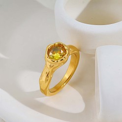 Золотой 304 Кольца из нержавеющей стали с одинарным кубическим цирконием, цветок, золотые, размер США 7 (17.3 мм)