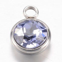 Лиловый 304 из нержавеющей стали амулеты горный хрусталь стекло, граненые, плоско-круглые, сирень, 14x10x7 мм, отверстие : 2.5 мм