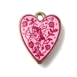 Golden Printed Brass Pendants, Heart with Cupid Charms, Pink, Golden, 19x15x4mm, Hole: 1.7mm